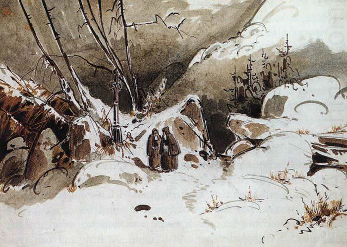 Alpine Pass in Winter with Monks, Karl Blechen